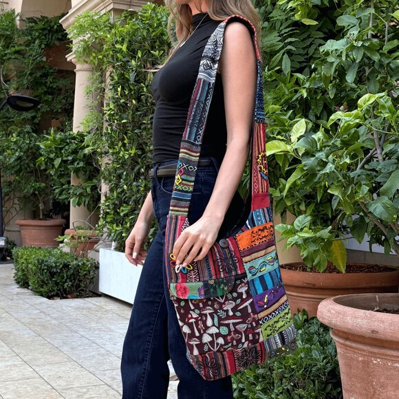 Tribal Stripe Patchwork Hobo Bag - Handmade Cotton Crossbody Bag from Nepal - Picture 2 of 7